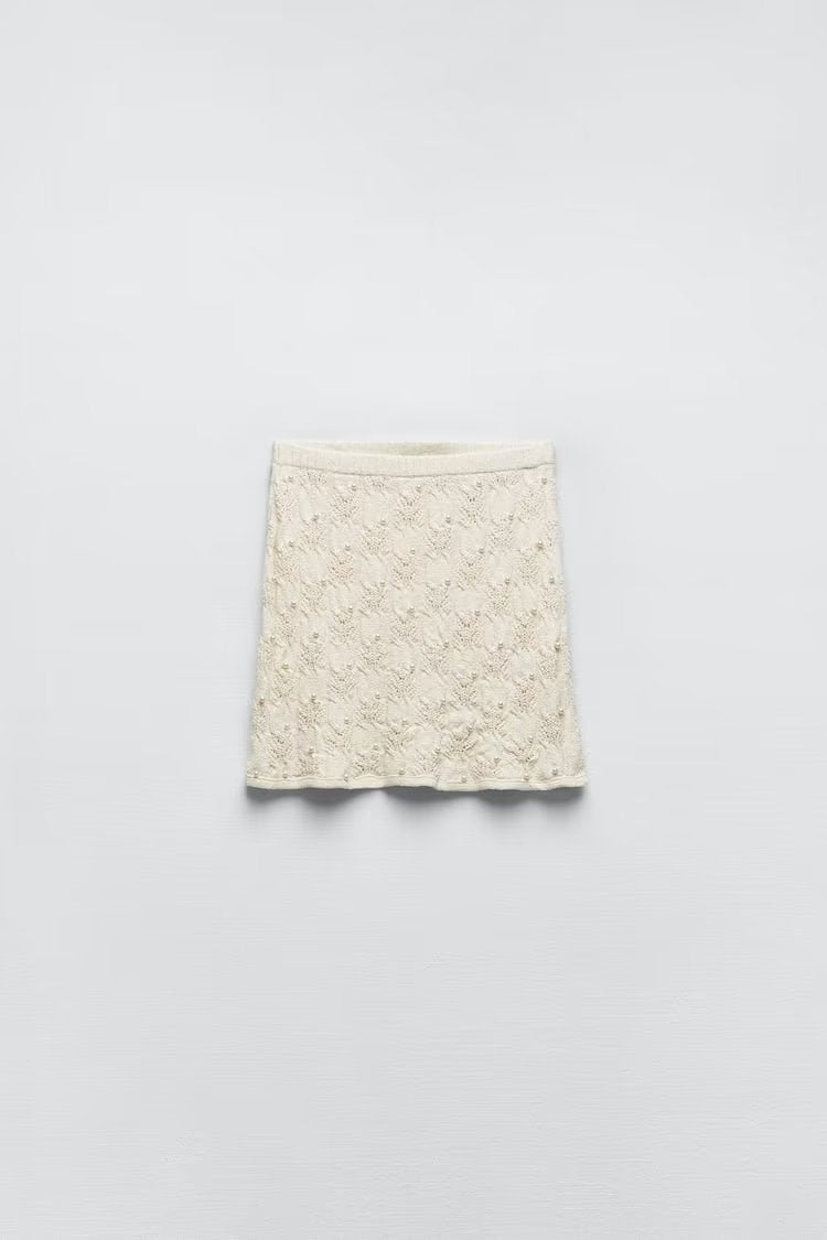 Women Artificial Pearl Knitted Top High Waist Skirt Set