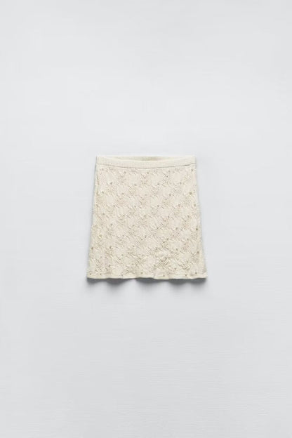 Women Artificial Pearl Knitted Top High Waist Skirt Set