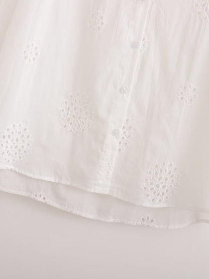 Casual Suit White V neck Hollow Out Cutout Embroidered Half Sleeve Shirt High Waist Casual Hollow Out Cutout Shorts