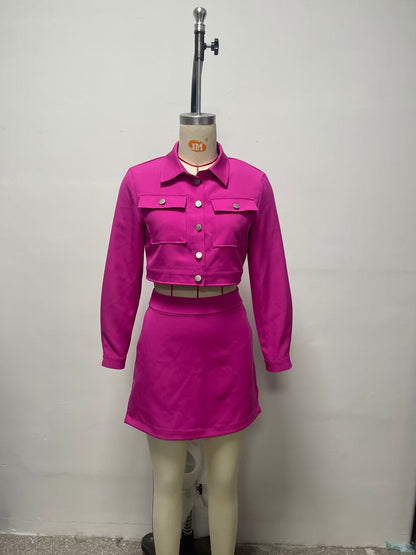 Women Clothing Autumn Casual Long Sleeve Short Blazer Skort Suit