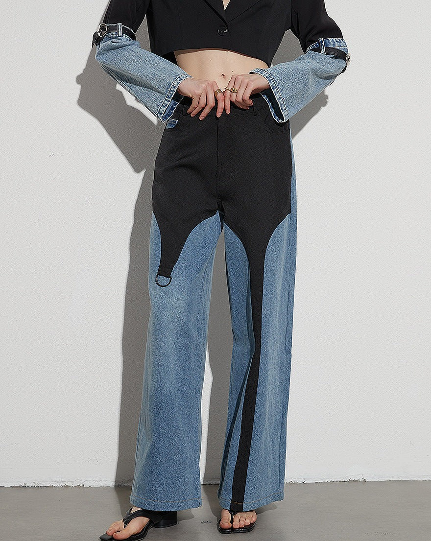 High Waisted Color Block Straight Casual Irregular Jeans