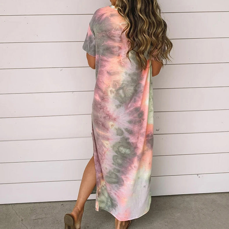 New Women Tie Dye Printed Split Dress Long Dress