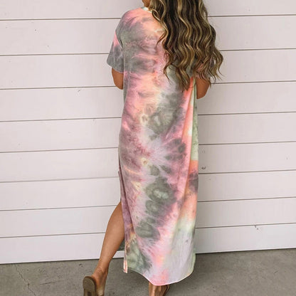 New Women Tie Dye Printed Split Dress Long Dress