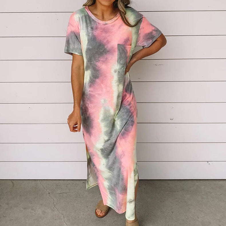 New Women Tie Dye Printed Split Dress Long Dress