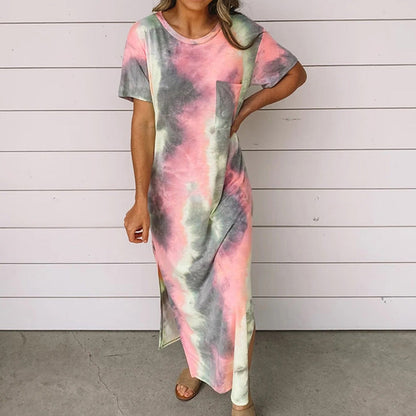 New Women Tie Dye Printed Split Dress Long Dress
