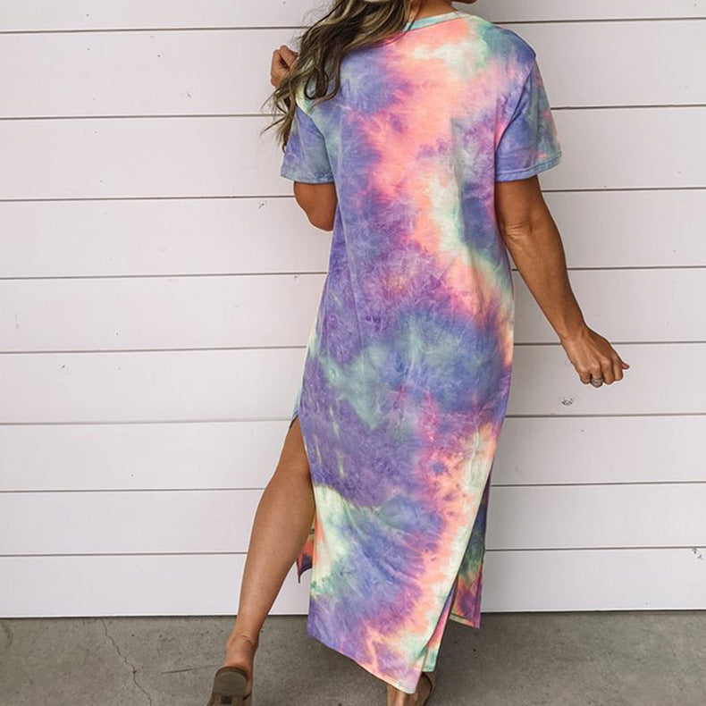 New Women Tie Dye Printed Split Dress Long Dress