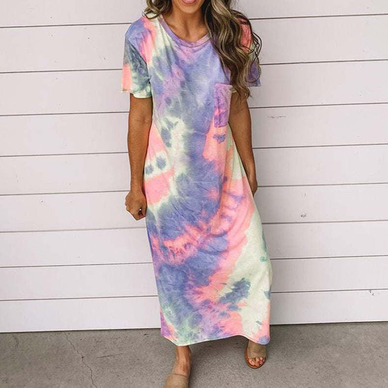 New Women Tie Dye Printed Split Dress Long Dress
