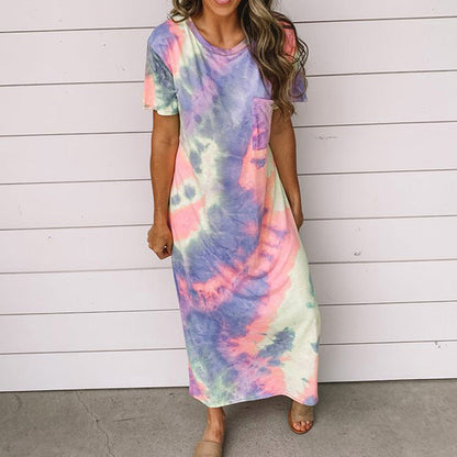 New Women Tie Dye Printed Split Dress Long Dress