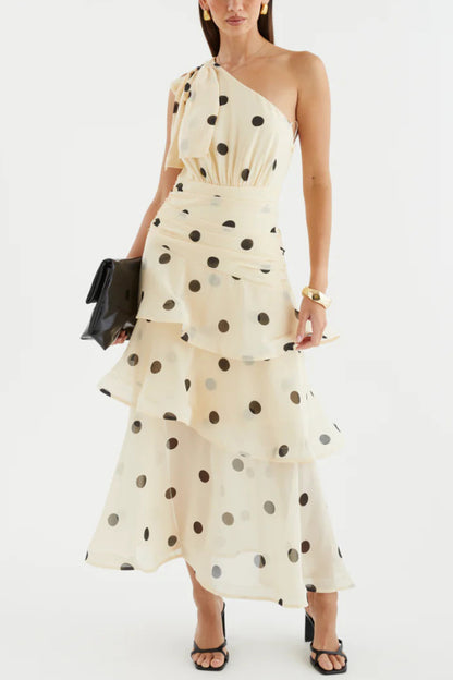 Fashionable Polka Dot Print One-shoulder Sleeveless Layered Mesh Maxi Dress