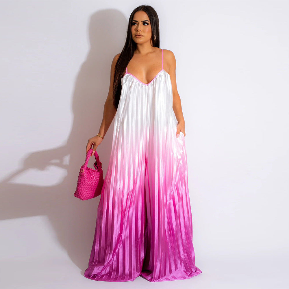 Women Clothing Sexy Deep V Plunge Sling Backless Wide Leg Pants Gradient Jumpsuit