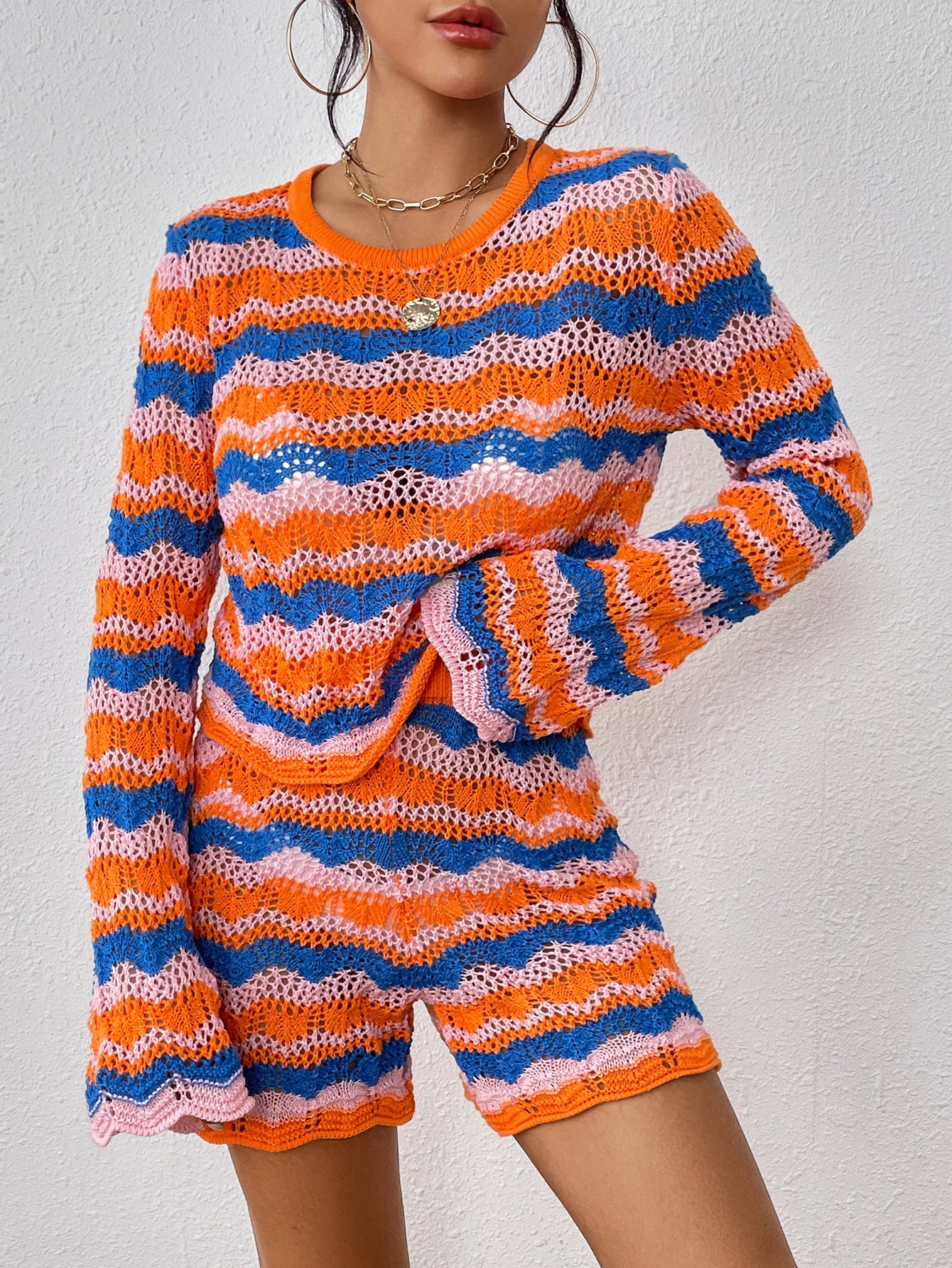 Two Piece Set Autumn Winter Stitching Knitwear Loose Color Round Neck Striped Sweater Women