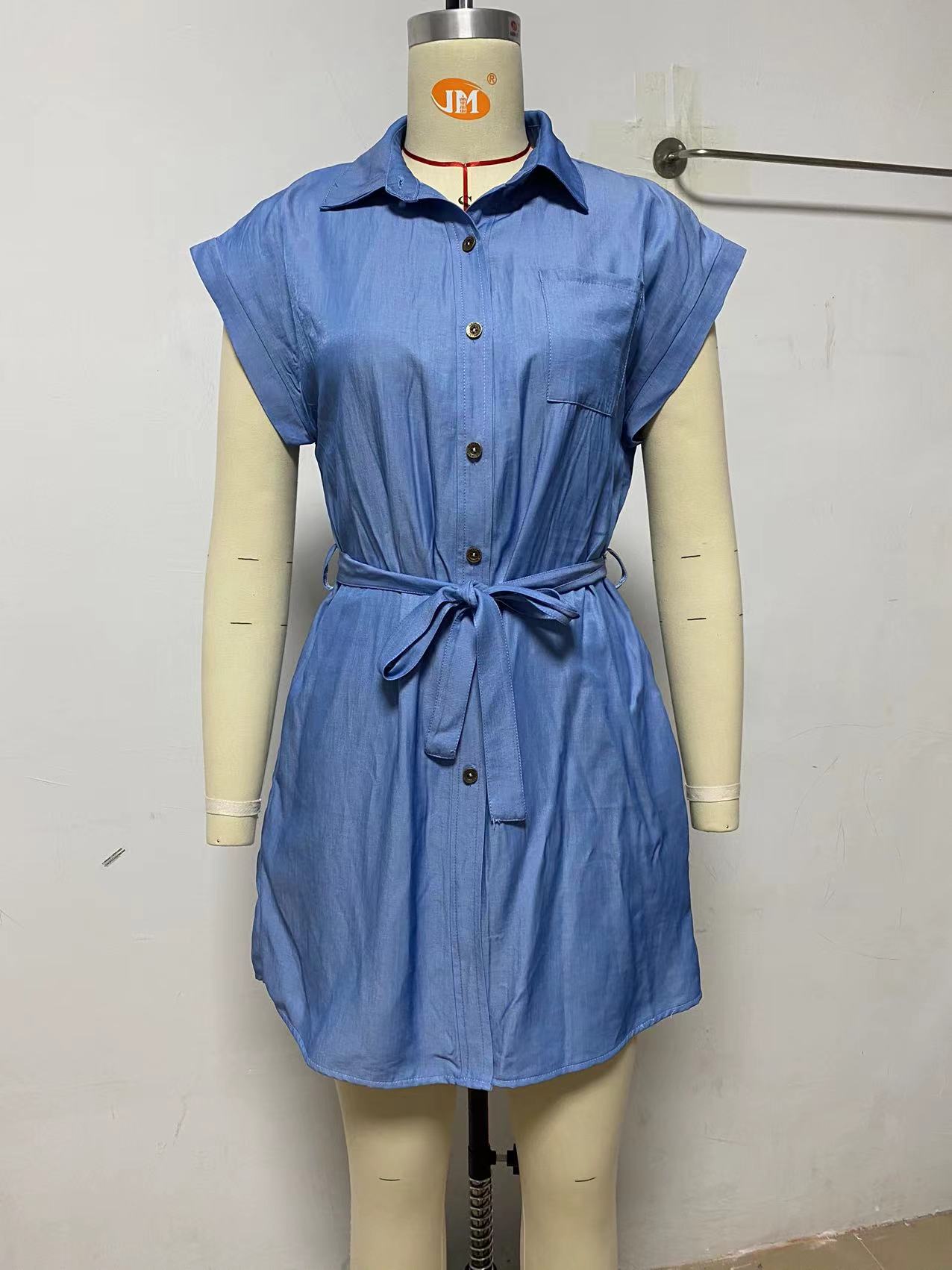 Casual Solid Color Waist Tight Women Denim Long Shirt