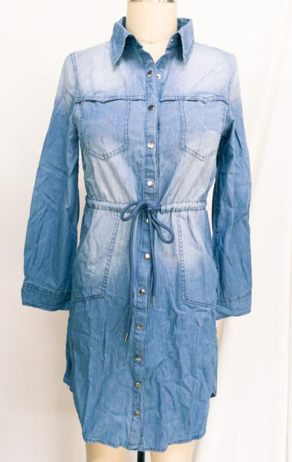 Ladies Dress Classic Denim Bright White Design Double Pocket Collared Dress