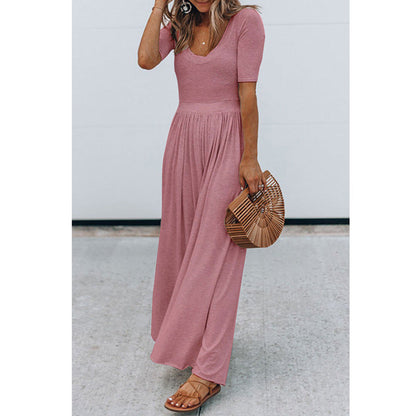 Women Clothing New round Neck Short Sleeve Long Pattern Jumpsuit