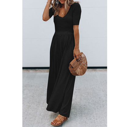 Women Clothing New round Neck Short Sleeve Long Pattern Jumpsuit