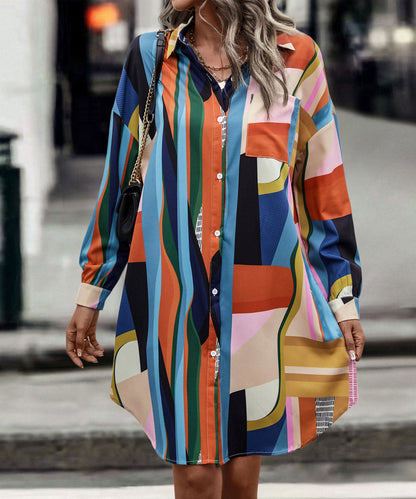 Original Women Clothing Color Stitching Turnover Neck Mid Length Shirt Dress