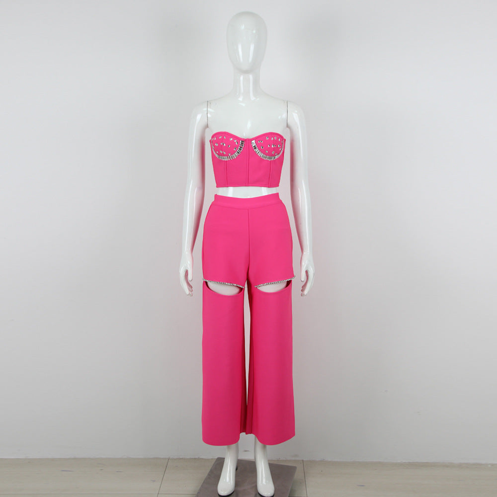Autumn Summer Women Clothes Sexy Rhinestone Hollow Out Cutout Sheath Bandage Trousers Two Piece Set