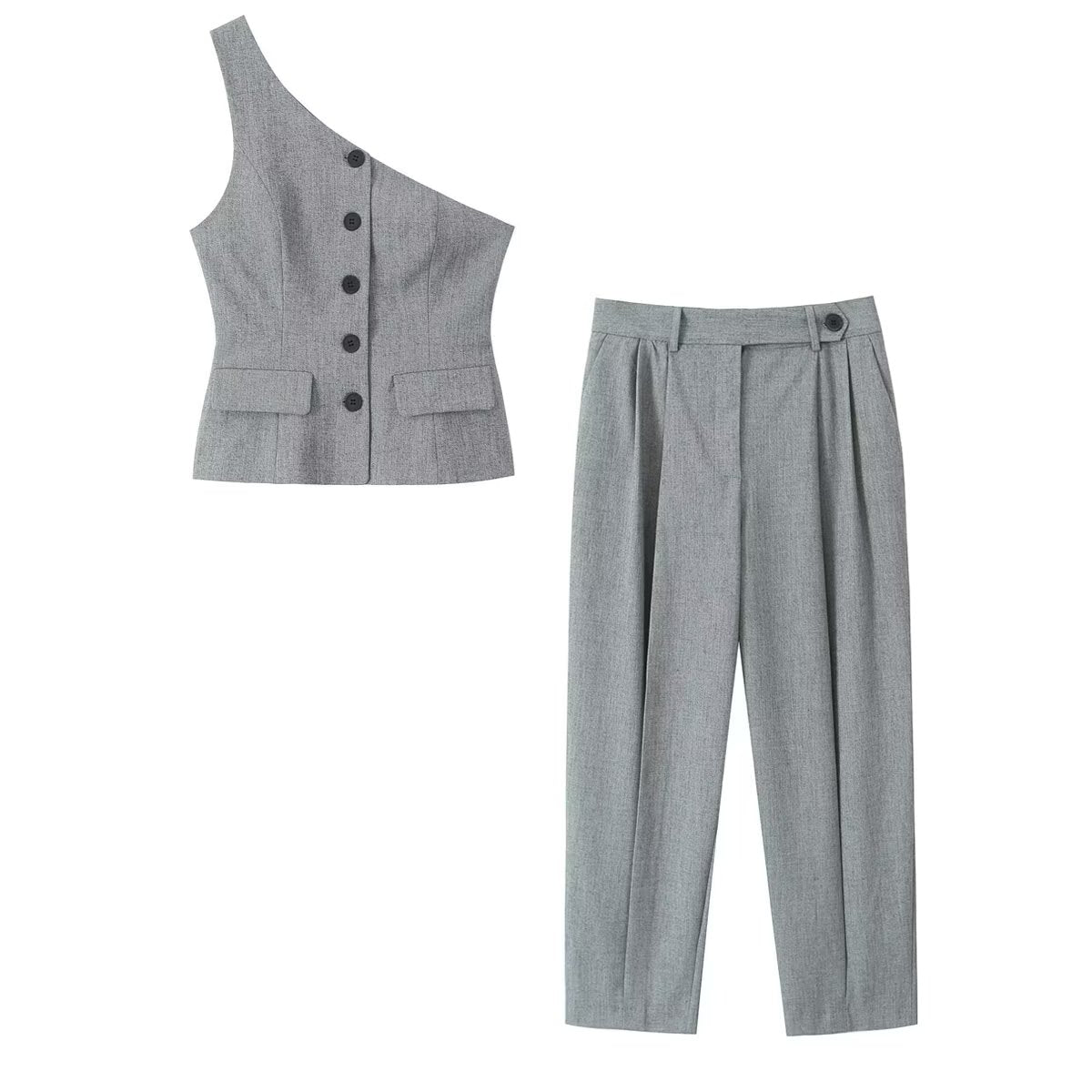 Fall Women Clothing Asymmetric Vest Pleated Design Skinny Pant Suits