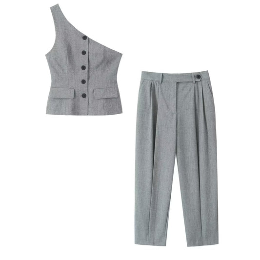 Fall Women Clothing Asymmetric Vest Pleated Design Skinny Pant Suits