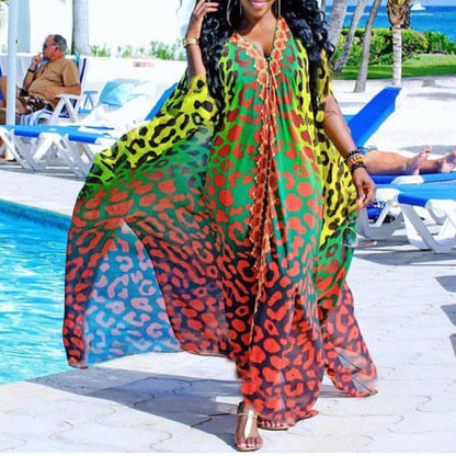 Spring New African Summer Chiffon Elegant Floor Length V neck Single Breasted Dress Plus Size