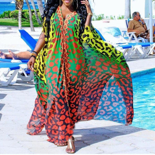 Spring New African Summer Chiffon Elegant Floor Length V neck Single Breasted Dress Plus Size