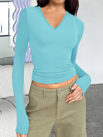 Solid V Neck Slim Long Sleeve Tee