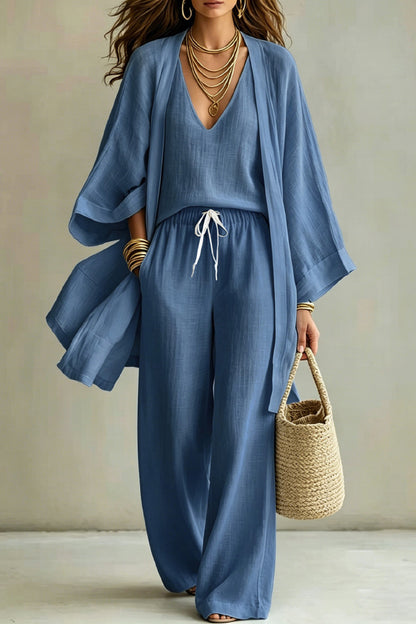 Linen Blend Solid Color Loose Cardigan V-neck Sleeveless Vest and Elastic Waist Pocket Straight Leg Pants Three-piece Set