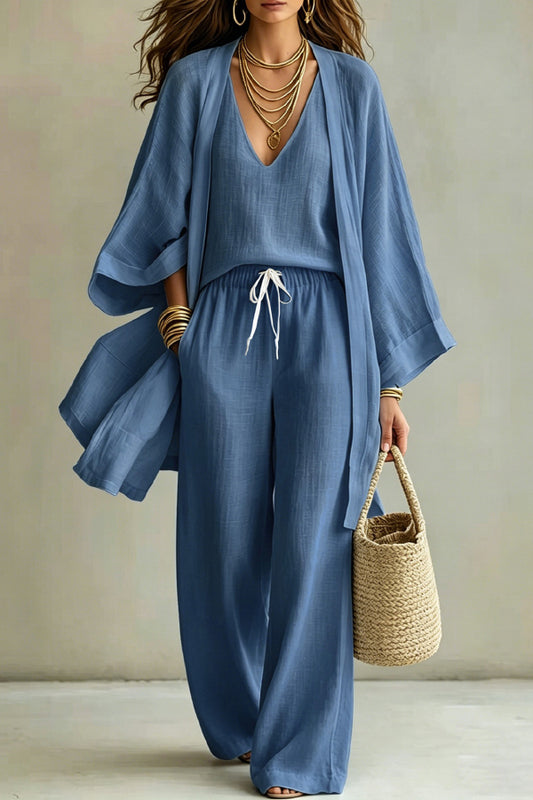 Linen Blend Solid Color Loose Cardigan V-neck Sleeveless Vest and Elastic Waist Pocket Straight Leg Pants Three-piece Set