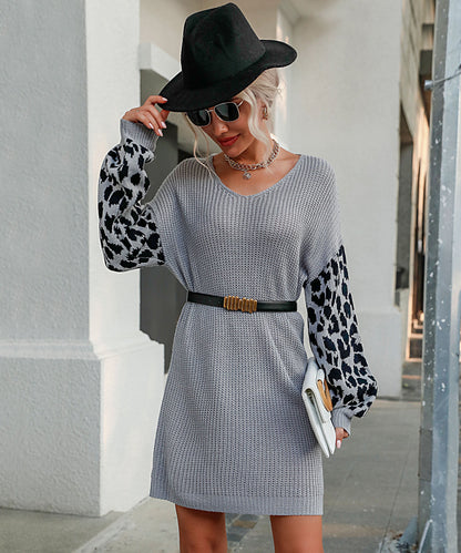 Women Clothing Autumn Winter Color Blocking Leopard Print Woolen Dresses