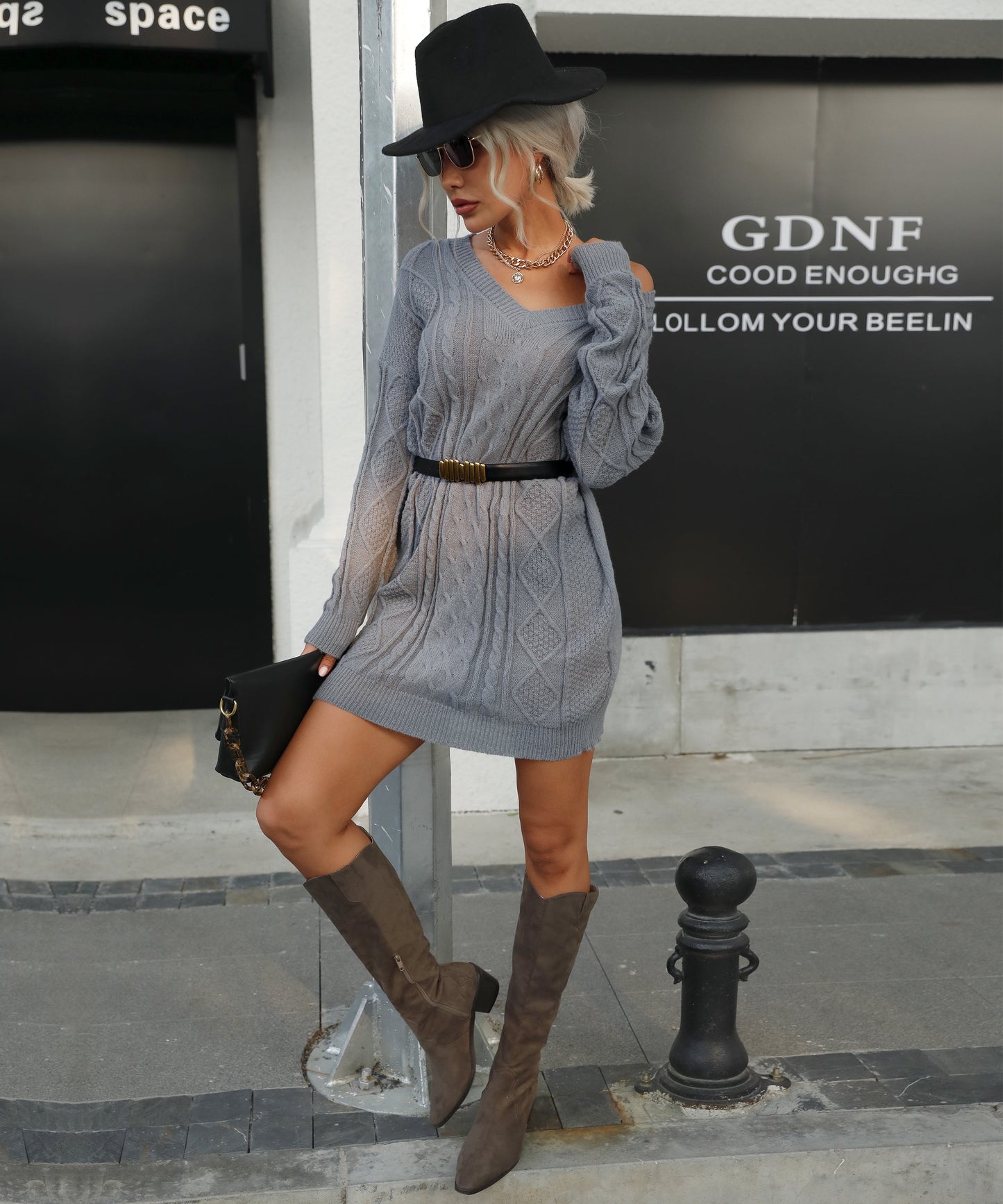 Women Clothing Autumn Winter Solid Color Twist Woolen Dresses