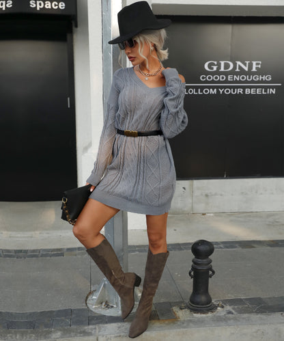 Women Clothing Autumn Winter Solid Color Twist Woolen Dresses