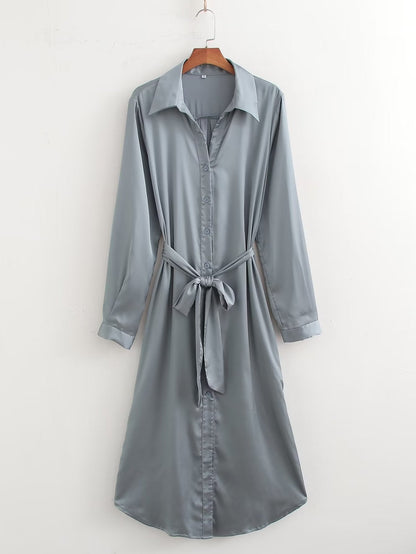 Women Clothing French Solid Color Polo Collar Loose Casual Shirt Long Sleeve Dress