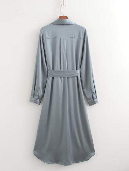 Women Clothing French Solid Color Polo Collar Loose Casual Shirt Long Sleeve Dress