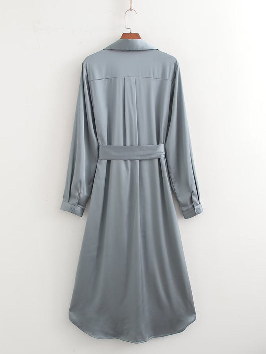 Women Clothing French Solid Color Polo Collar Loose Casual Shirt Long Sleeve Dress