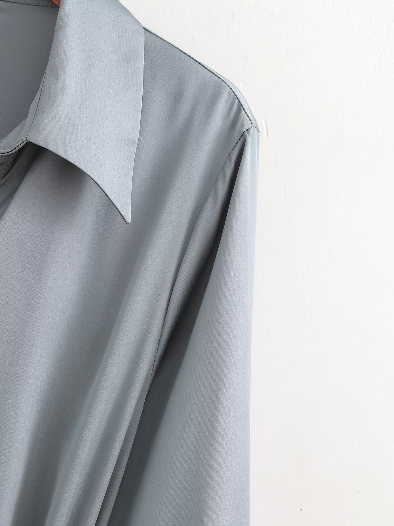 Women Clothing French Solid Color Polo Collar Loose Casual Shirt Long Sleeve Dress