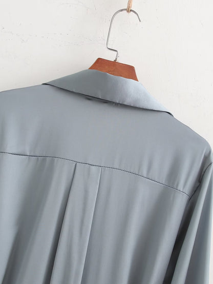Women Clothing French Solid Color Polo Collar Loose Casual Shirt Long Sleeve Dress
