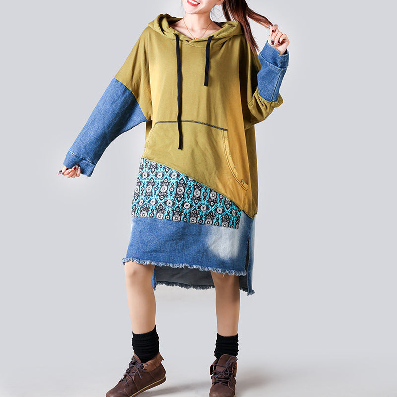 Patchwork Hooded Sweater Mid Length Women Retro Slimming Printed Casual Pullover