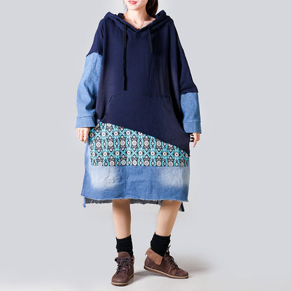 Patchwork Hooded Sweater Mid Length Women Retro Slimming Printed Casual Pullover