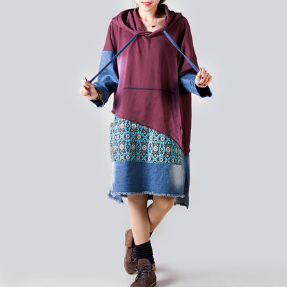 Patchwork Hooded Sweater Mid Length Women Retro Slimming Printed Casual Pullover