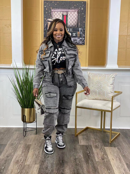 Women Sexy Highly Stretch Multi Pocket Washed Denim Casual Suit Two Piece Set