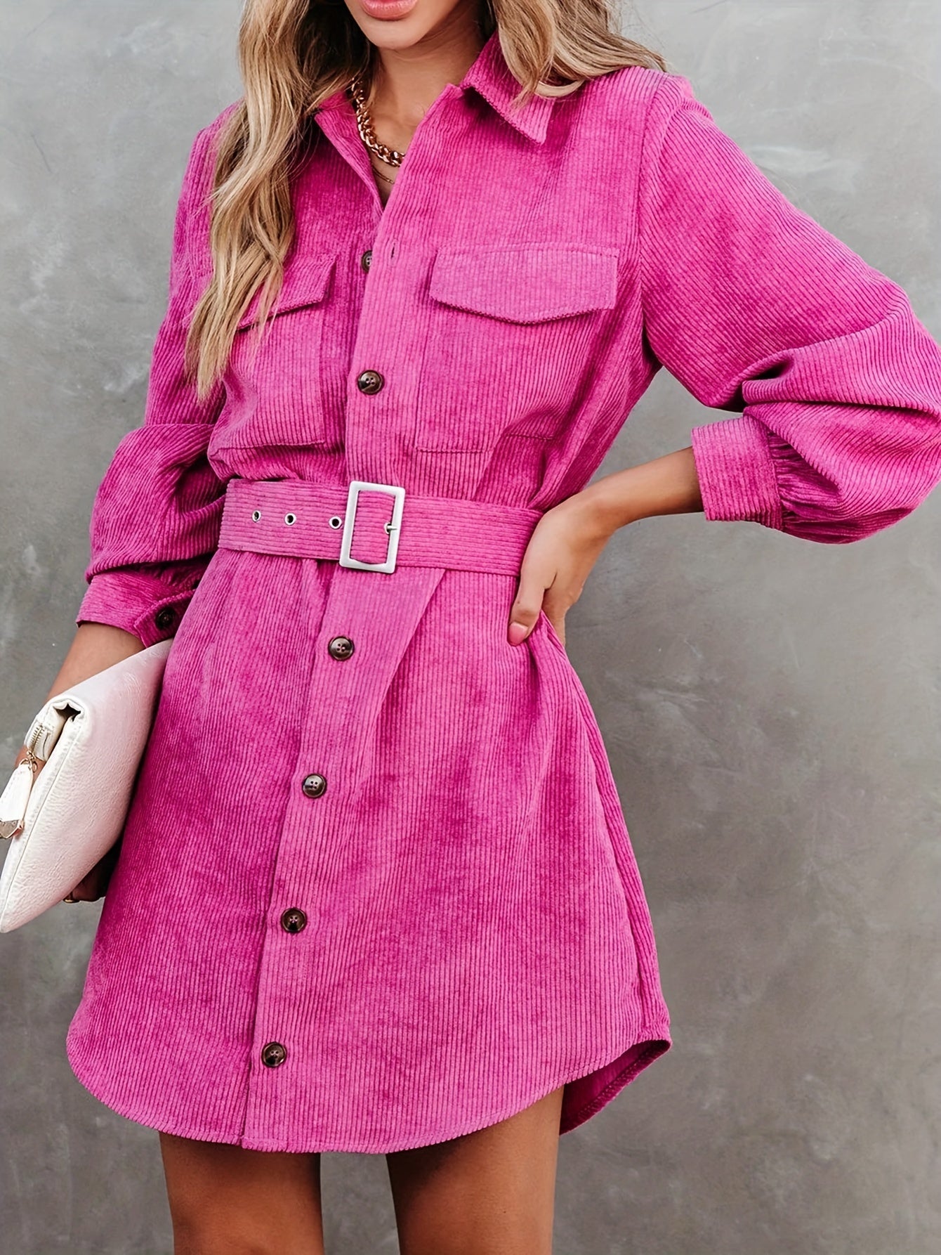 Women Spring Fall Solid Collared Daily Office Long Sleeve A Line Dress