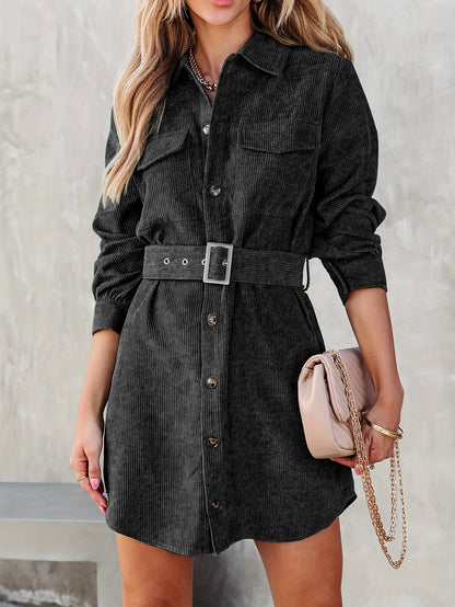Women Spring Fall Solid Collared Daily Office Long Sleeve A Line Dress