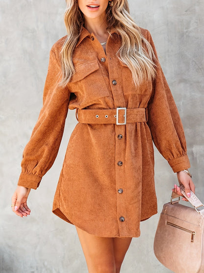 Women Spring Fall Solid Collared Daily Office Long Sleeve A Line Dress
