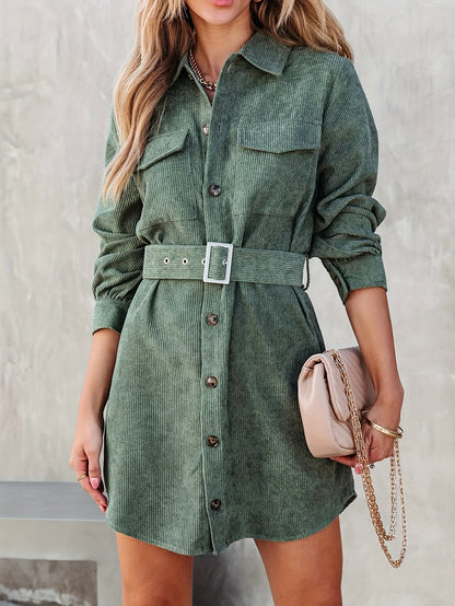 Women Spring Fall Solid Collared Daily Office Long Sleeve A Line Dress
