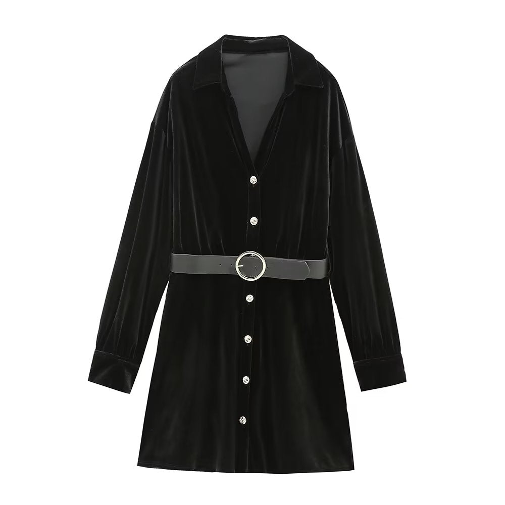 Spring Women Clothing Elegant Slightly Mature Casual with Belt Velvet Dress