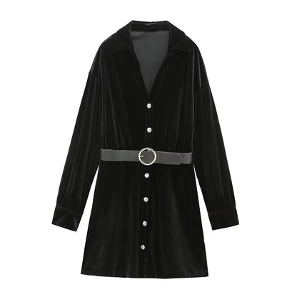Spring Women Clothing Elegant Slightly Mature Casual with Belt Velvet Dress
