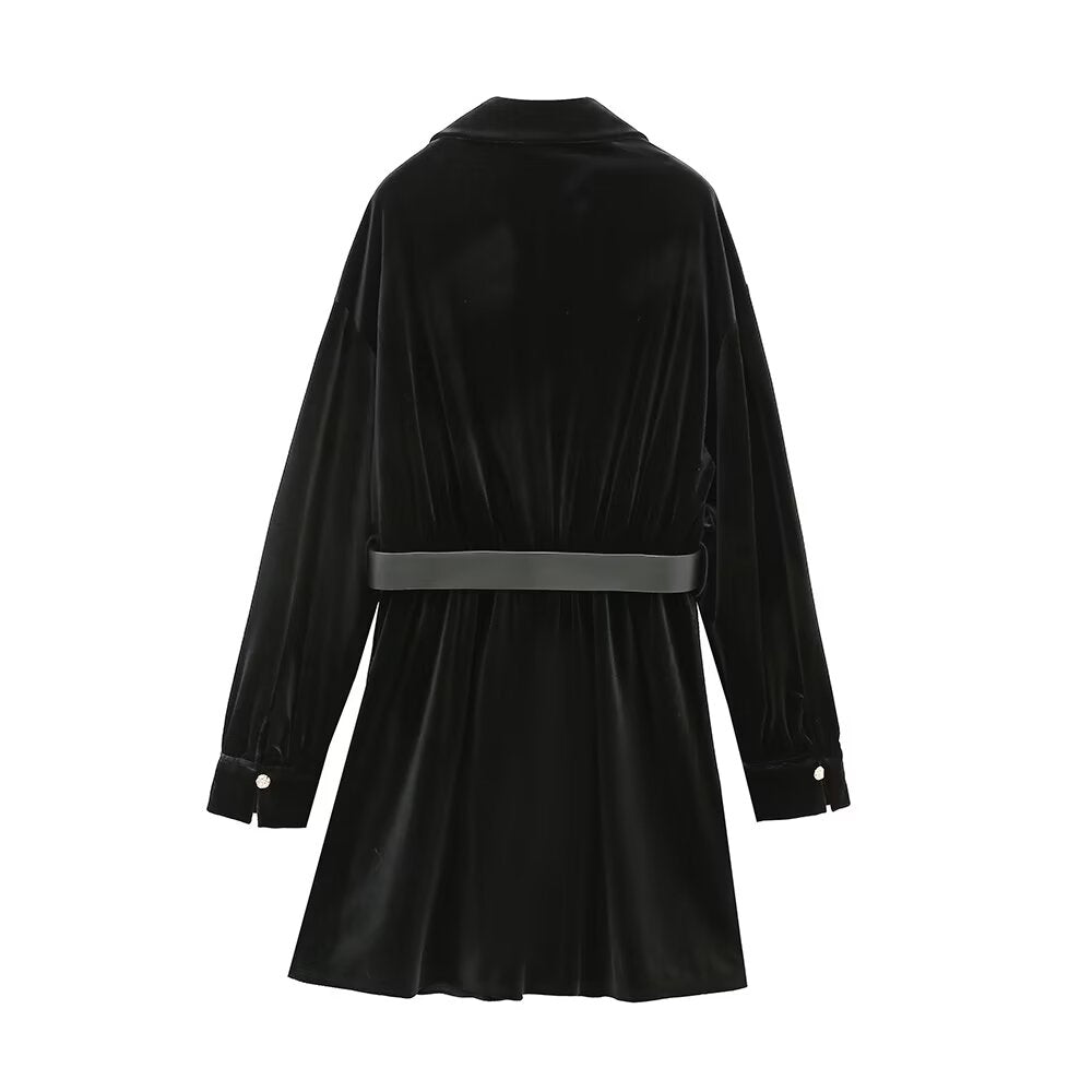 Spring Women Clothing Elegant Slightly Mature Casual with Belt Velvet Dress