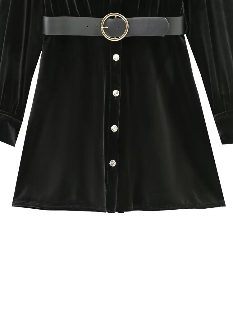Spring Women Clothing Elegant Slightly Mature Casual with Belt Velvet Dress