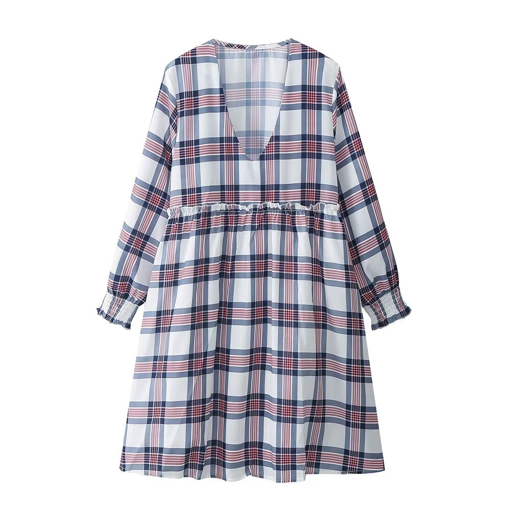 Women Clothing French Casual Retro Plaid Mini Long Sleeve Dress