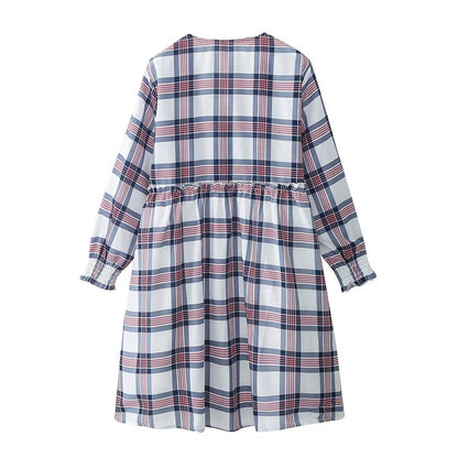 Women Clothing French Casual Retro Plaid Mini Long Sleeve Dress